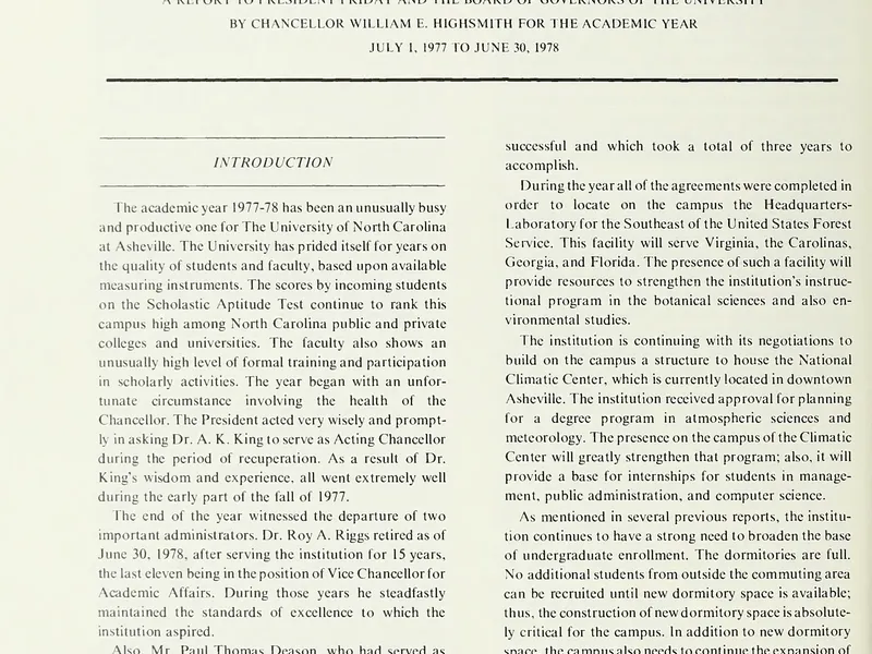 1977-1978 UNCA From UNC President Report